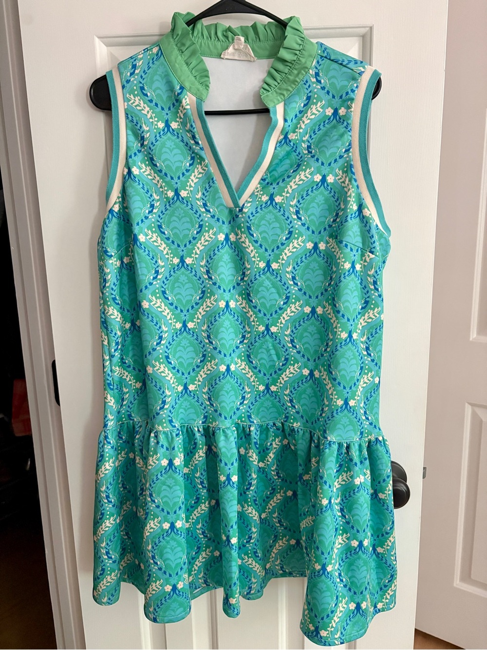 Umgee Women’s Sleeveless Blue and Green Printed Ruffle-Neck Dress w/ Stretch